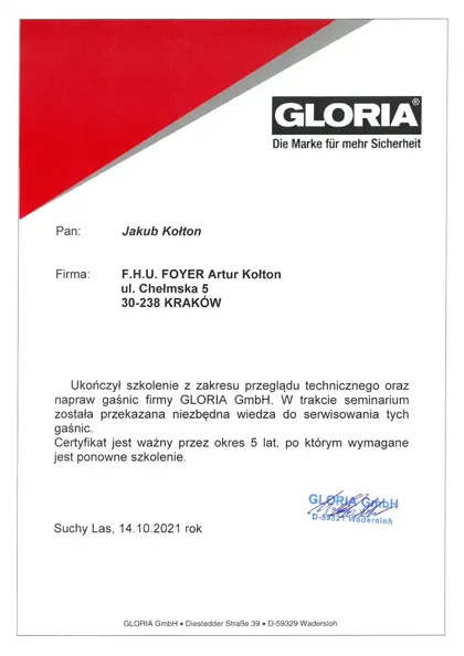 Certyfikat – Jakub Kołton, Gloria