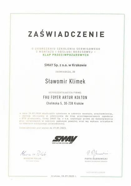 Skan: Certyfikat serwisowy FOYER · C224-2012-2112-190